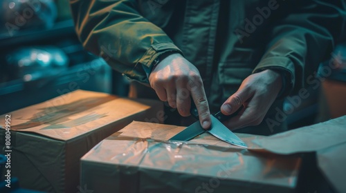 A conceptual photo of a person using a utility knife to open a package, symbolizing efficiency and convenience in everyday tasks