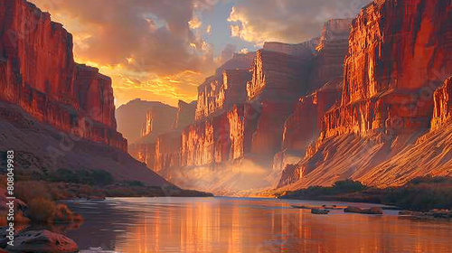 A breathtaking canyon carved by the meandering river, its walls towering overhead in shades of red and orange. 