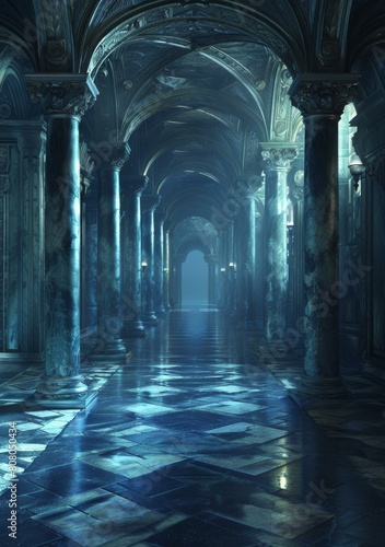 Blue marble columns in a long hallway with a bright light at the end