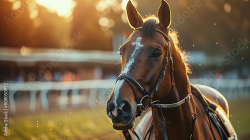 A closeup of Horse Racing Horse, against Track as background, hyperrealistic sports accessory photography, copy space
