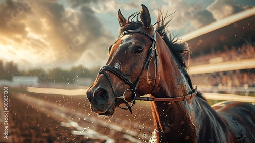 A closeup of Horse Racing Horse, against Track as background, hyperrealistic sports accessory photography, copy space