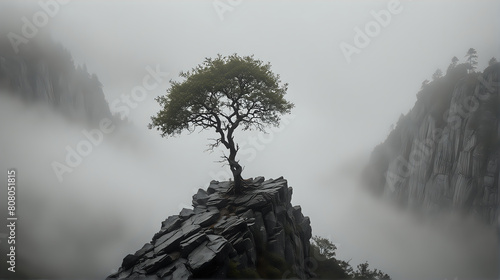 a solitary tree perched atop a rugged cliff, emerging from a sea of dense fog, creating a mysterious and ethereal landscape