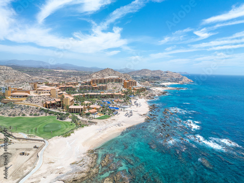 Aerial view of tropical beach with resorts in Cabo San Jose, Baja California Sur, Mexico