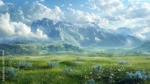 Fantasy mountain landscape with green hills and blooming flowers