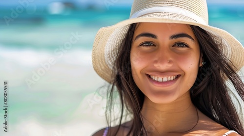Portrait of stylish latin hispanic woman with white straw hat standing at beach Young smiling woman on vacation enjoy sea breeze wearing straw hat and looking at camera Attractive beau : Generative AI