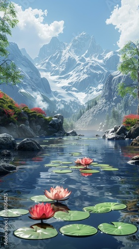 Pink water lilies in a lake with snow-capped mountains in the background