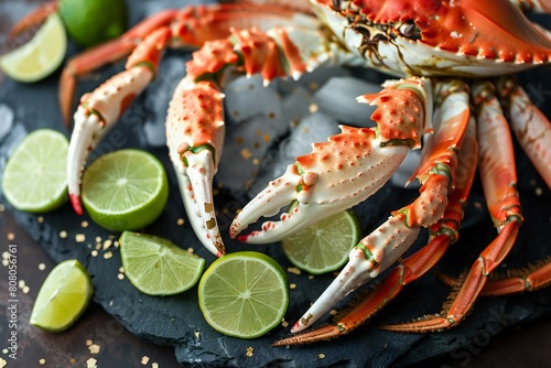 Crab with lime and salt on a black background, Seafood