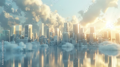 futuristic city above the clouds illuminated by the rising sun