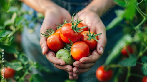 A person holding a handful of tomatoes in their hands, AI