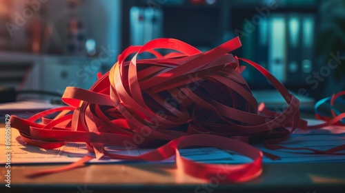 A close-up photograph of a tangled bundle of red tape on an office desk, symbolizing bureaucratic obstacles and administrative complexities in paperwork and regulations