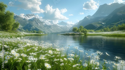 Tranquil mountain lake and blooming chamomile flowers in the foreground