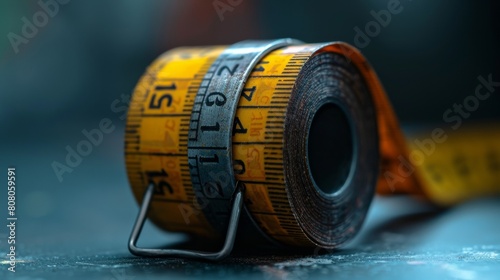A close-up photograph of a retractable tape measure coiled up neatly, with inches and centimeters marked along its length and a sturdy metal clip attache