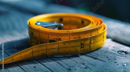 A close-up photograph of a retractable tape measure coiled up neatly, with inches and centimeters marked along its length and a sturdy metal clip attache