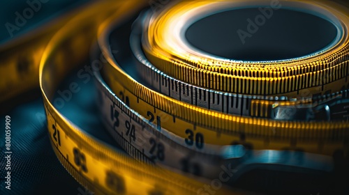 A close-up photograph of a retractable tape measure coiled up neatly, with inches and centimeters marked along its length and a sturdy metal clip attached 