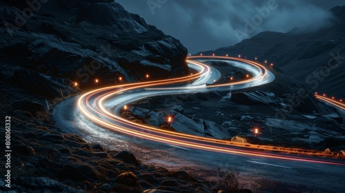 Car headlights and tail lights on a winding mountain road, nighttime driving