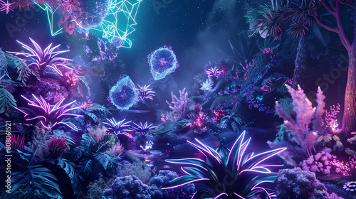 A surreal garden where the flora and fauna are composed of geometric shapes and fractal patterns, pulsating with neon lights, 