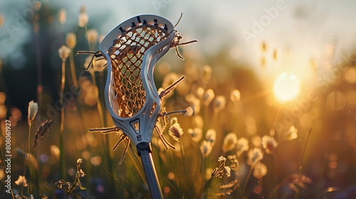 A closeup of Lacrosse stick, against Field as background, hyperrealistic sports accessory photography, copy space