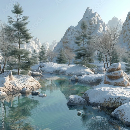 A winter wonderland landscape with snow covered trees and mountains