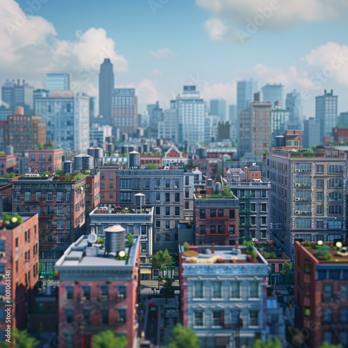 A cityscape of tall buildings with a lot of rooftop gardens and water towers.