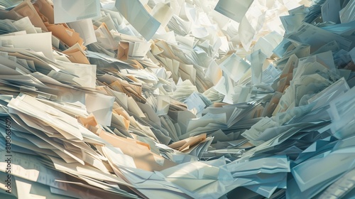 A chaotic pile of paperwork depicted abstractly under soft, natural lighting. --ar 16:9 Job ID: e9b4e0b8-1923-4535-84d6-b34629e5a525