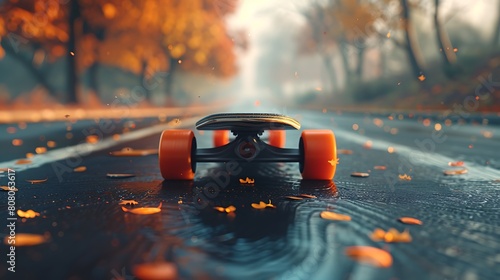A closeup of Longboarding Longboard, against Road as background, hyperrealistic sports accessory photography, copy space