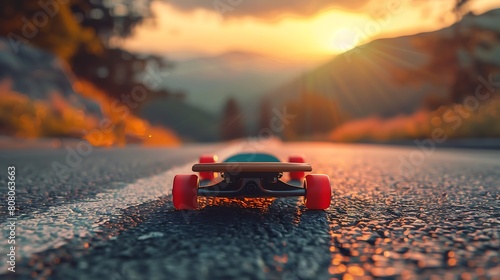A closeup of Longboarding Longboard, against Road as background, hyperrealistic sports accessory photography, copy space