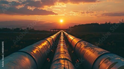 The setting sun casts a golden glow on the natural gas pipelines that stretch into the distance.
