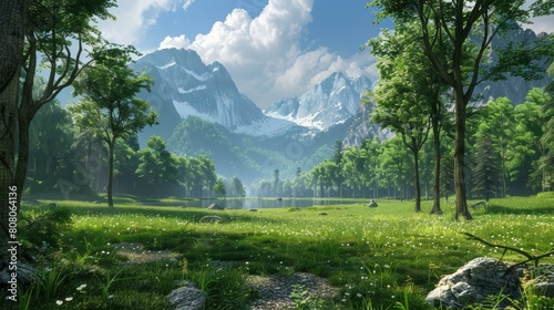 Tranquil mountain meadow landscape with lake and trees