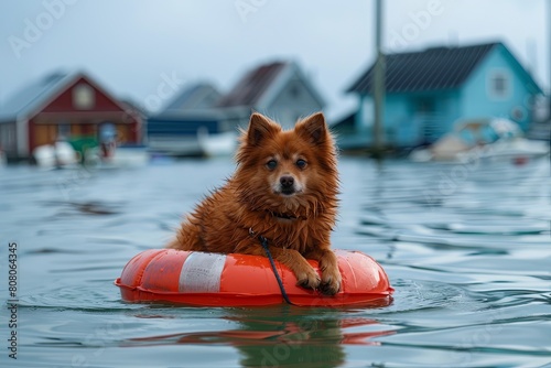 spitz dog sits on life preserver in water, houses in water
