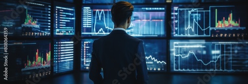 Businessman looking at financial data on a large display.