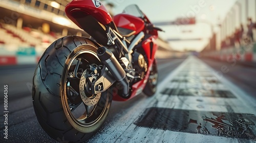 A closeup of Motorcycle Racing Motorcycle, against Track as background, hyperrealistic sports accessory photography, copy space