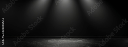 Banner, A black background with three lights shining on it. The three lights are on the floor and the floor is covered in a white substance