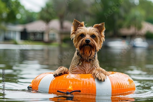 York Terrier dog sits on life preserver in water, houses in water 
