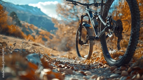 A closeup of Mountain Biking Mountain bike, against Trail as background, hyperrealistic sports accessory photography, copy space