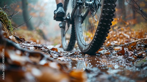 A closeup of Mountain Biking Mountain bike, against Trail as background, hyperrealistic sports accessory photography, copy space