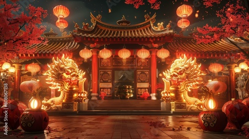 A Chinese courtyard with red lanterns and golden lion statues.