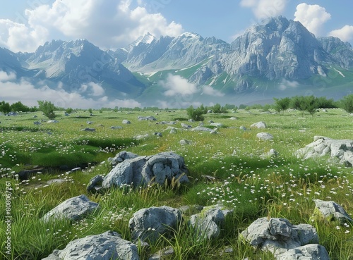 Alpine meadow with snow capped mountains in the distance