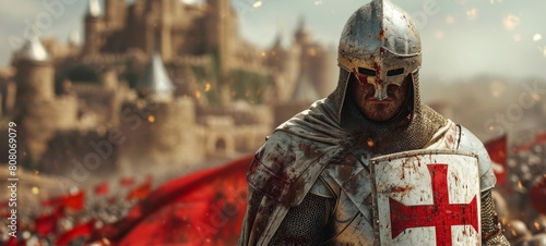 a medieval Templar knight with shield and templar logo, with a castle in the background