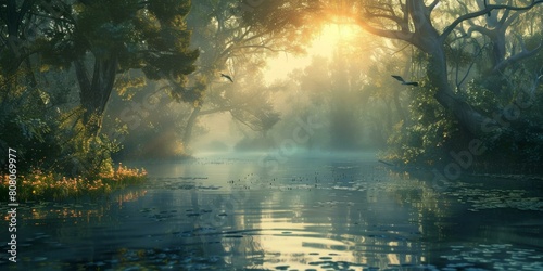 The sun shines through the forest and shines on the river