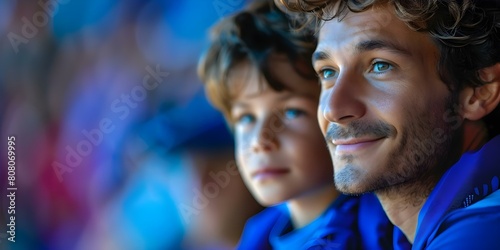 Supporting the French National Team: Father and Son in Blue Crowd. Concept Sports Photography, Family Bonding, Team Spirit, International Fans, Father-Son Moment