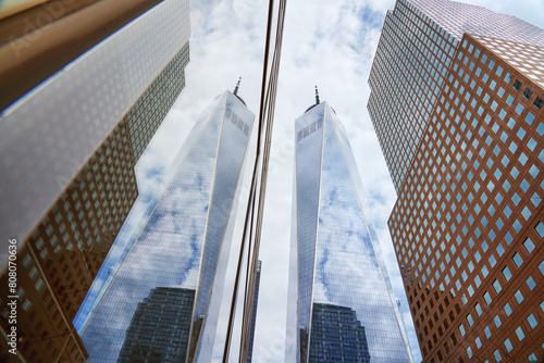 Big panorama view of New York city. View to world trade center with reflection.