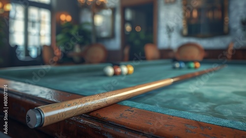 A closeup of Pool Cue stick, against Table as background, hyperrealistic sports accessory photography, copy space