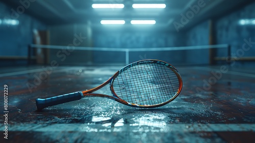 A closeup of Racquetball racket, against Court as background, hyperrealistic sports accessory photography, copy space