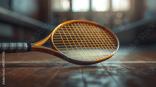 A closeup of Racquetball racket, against Court as background, hyperrealistic sports accessory photography, copy space