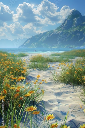 Beach with yellow flowers and mountains in the background