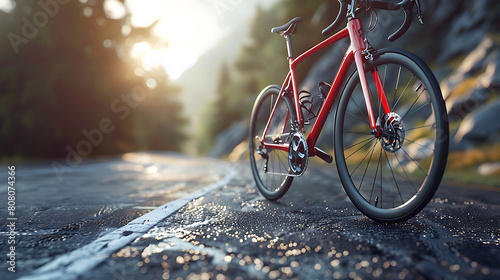 A closeup of Road Cycling Road bike, against Road as background, hyperrealistic sports accessory photography, copy space