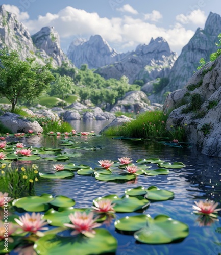 Tranquil mountain lake with pink water lilies in the foreground