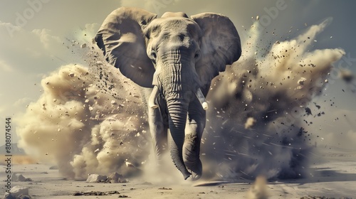 A large elephant is running through a desert with a lot of dust and debris flying around it. The scene is chaotic and wild, with the elephant being the center of attention