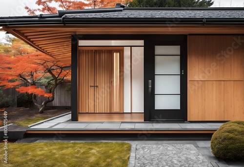 "Capture the serene essence of a Japanese minimalist exterior, featuring a tiled façade and a wooden front door, set amidst a picturesque fall forest, accentuated by a meticulously designed front yard