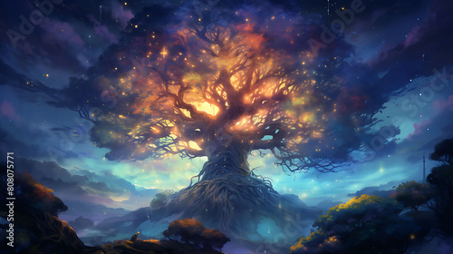 Design a watercolor background featuring an ancient tree illuminated by fireflies at dusk